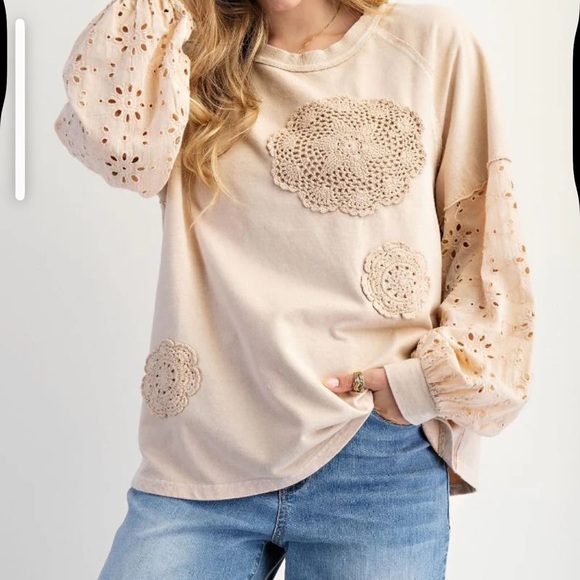 easel Tops - Easel Cream Crochet Detail Long Sleeve Top